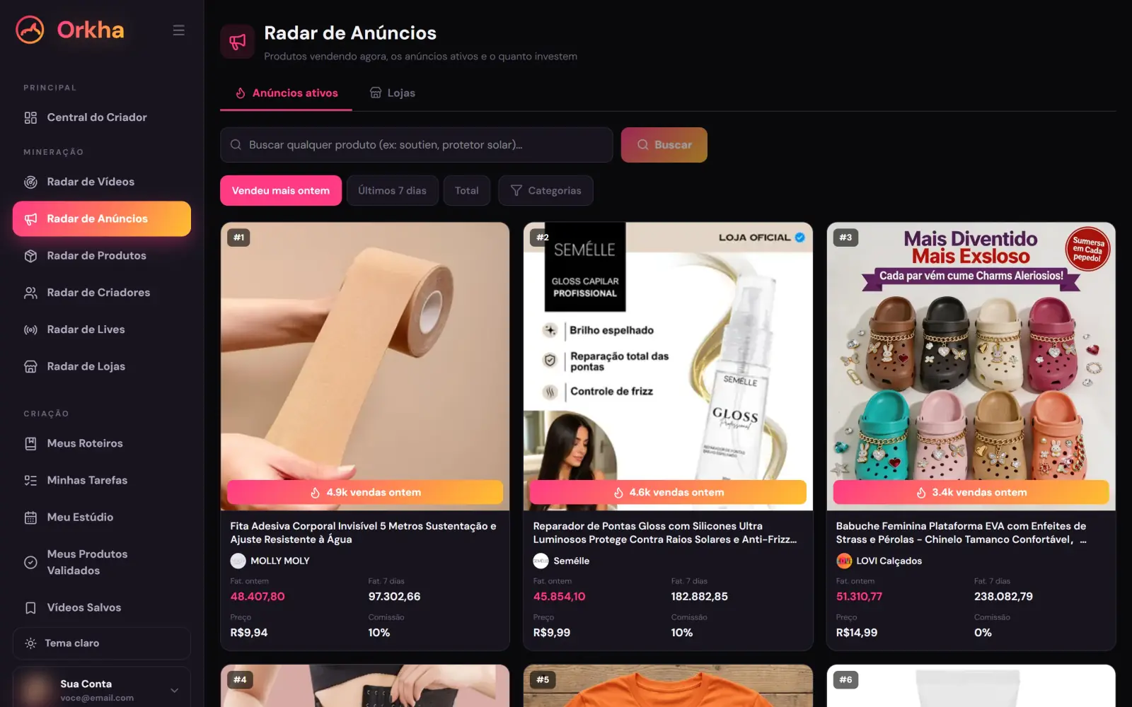 Tela real do Orkha: radar de anúncios
