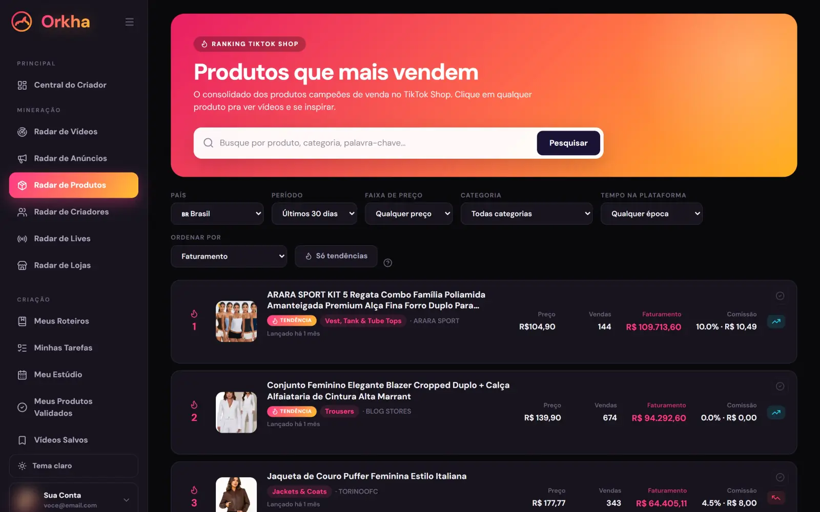 Tela real do Orkha: radar de produtos