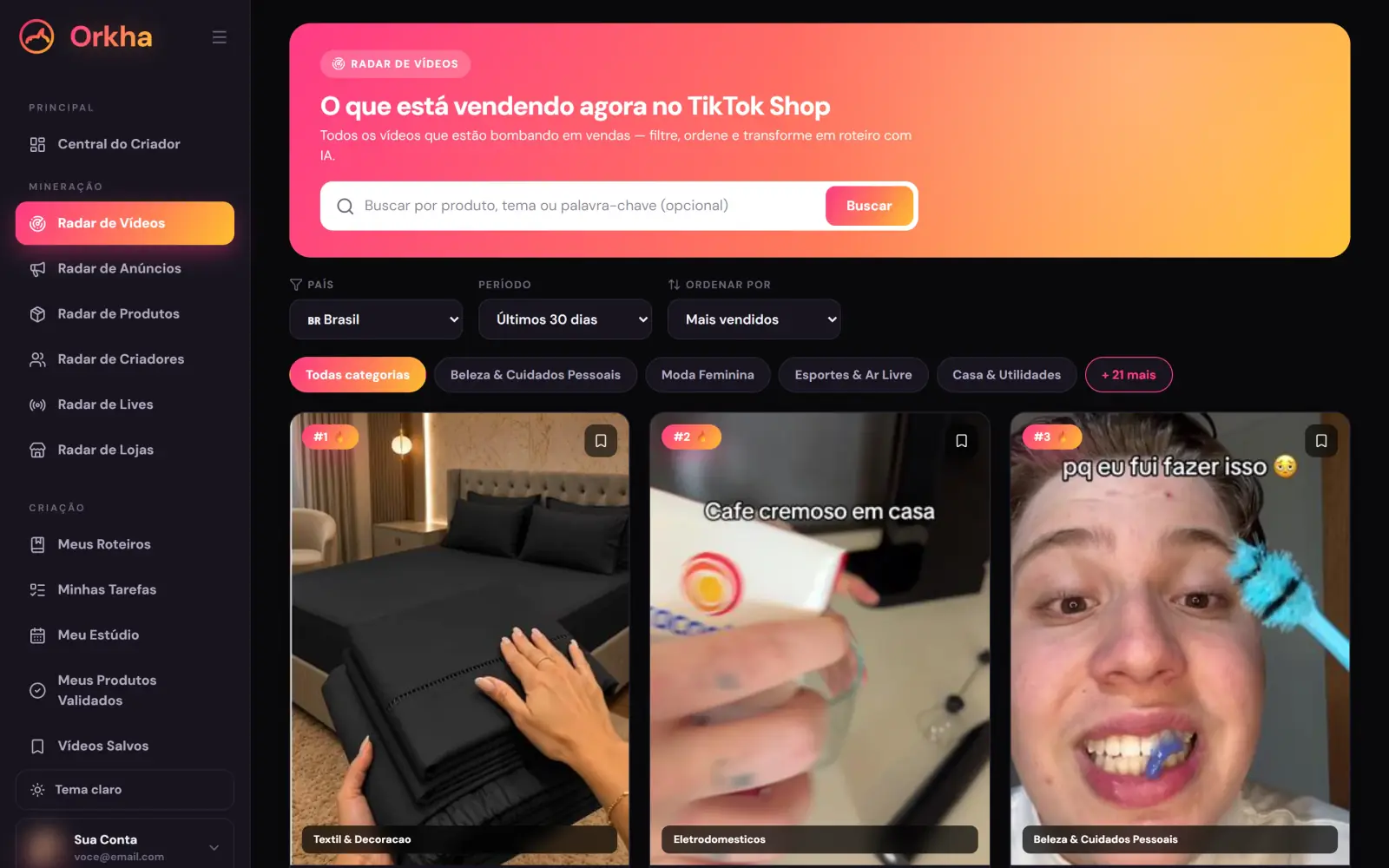 Tela real do Orkha: radar de vídeos
