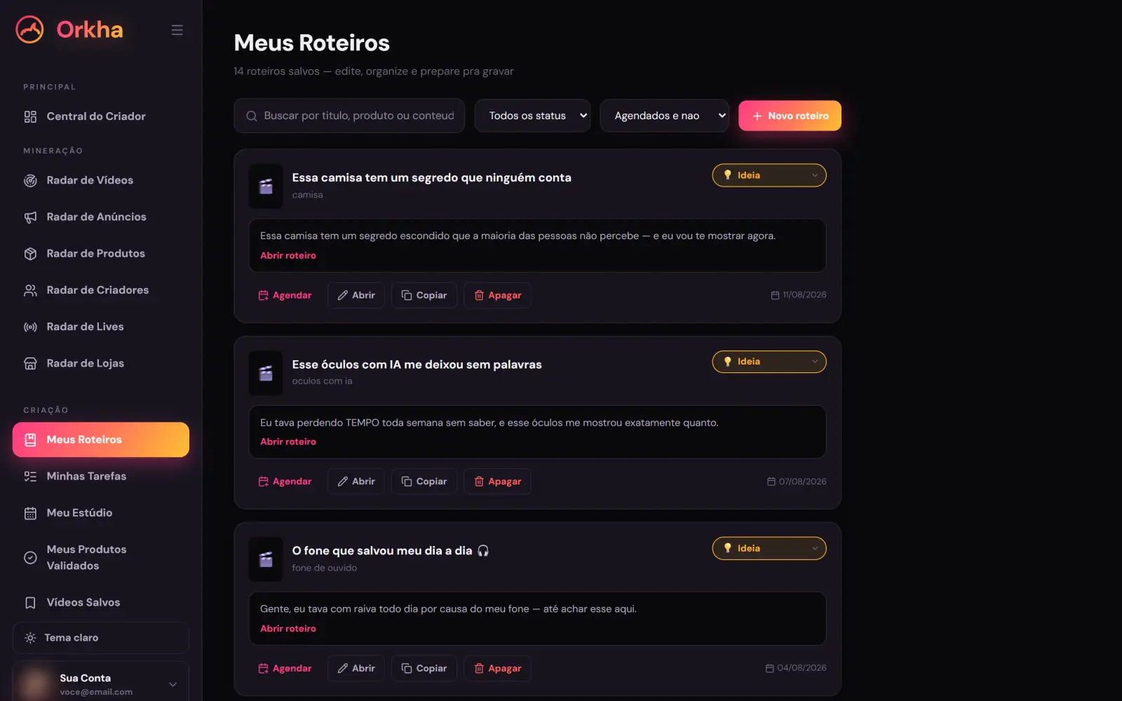 Tela real do Orkha: meus roteiros