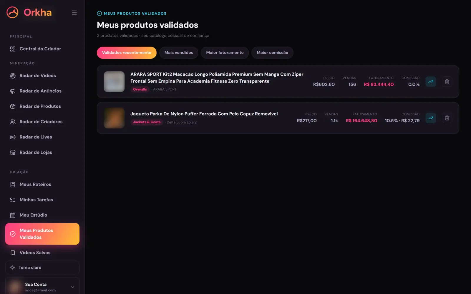 Tela real do Orkha: meus produtos validados
